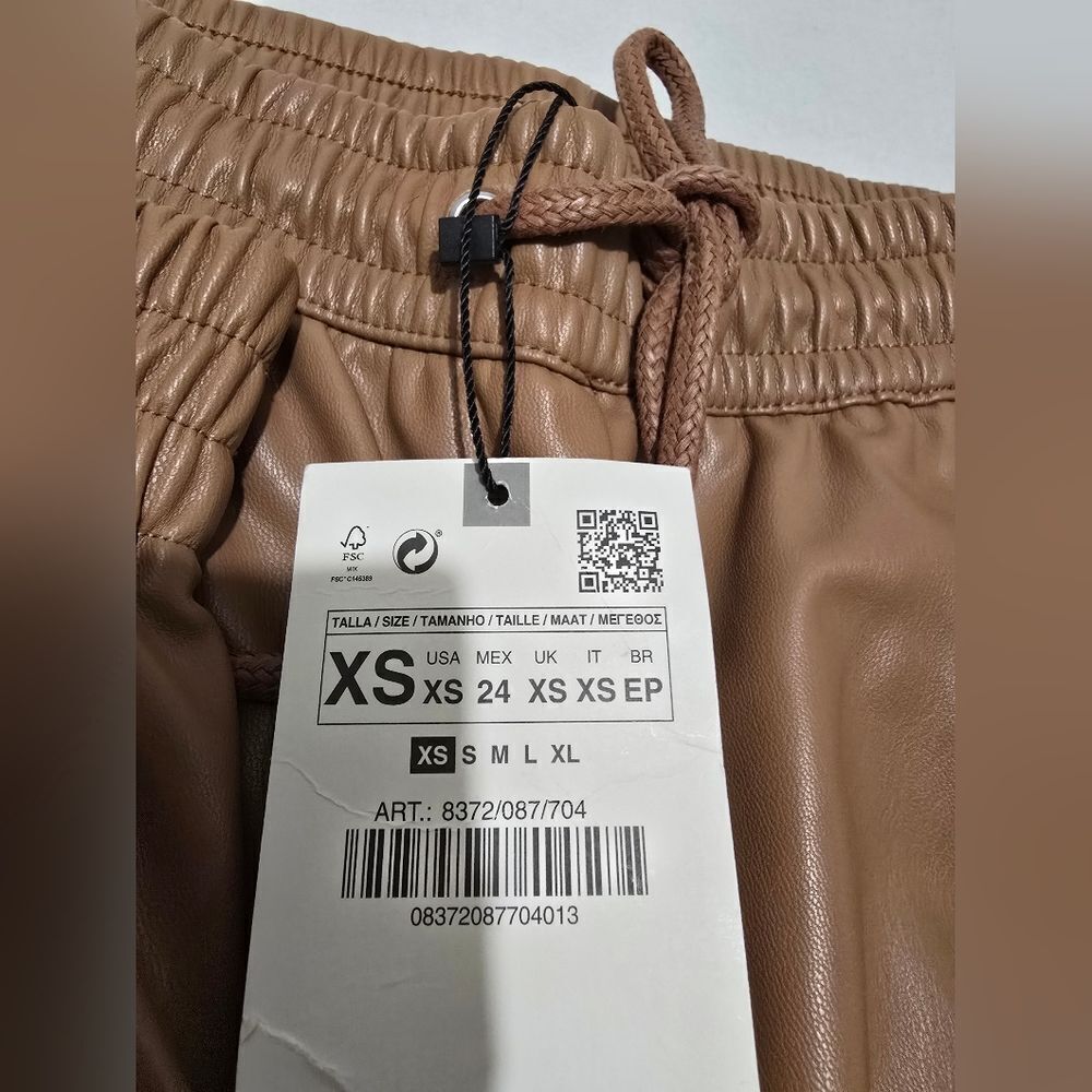 NWT Zara Drawstring Faux Leather Joggers  In Tan Size Xs - Picture 10 of 12
